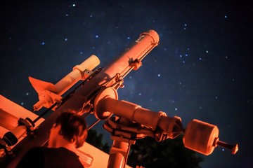 watching the night skywith telescope refractor 