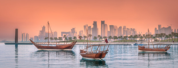 Traditional Arabic Dhow boats in Doha harbour