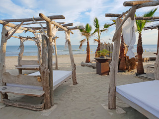 View of a famous beach with a bar and a restaurant, in La Grande Motte city