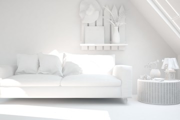 White room with sofa. Scandinavian interior design. 3D illustration