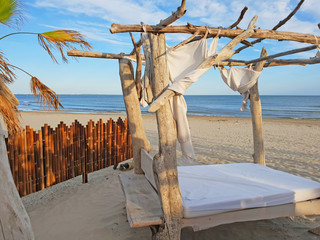 View of a famous beach with a bar and a restaurant, in La Grande Motte city