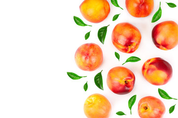 ripe nectarine with leaves isolated on white background. Top view. Flat lay pattern