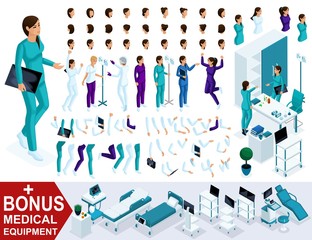 Isometrics create your nurse character, Set of hands, feet, gestures, emotions and characters. Bonus medical equipment