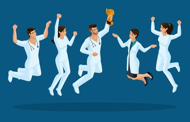 Isometrics doctors jump, happiness. Surgeons, paramedics, nurses jump in medical clothes, joy. Set for illustrations