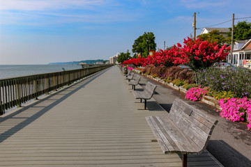 North Beach Maryland Boardwalk with annuals in Full Bloom