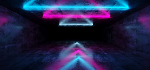 Sci-Fi Futuristic Abstract Gradient Blue Purple Pink Neon Glowing Triangle Shaped Tubes On Reflection Concrete Room Walls Dark Interior Empty Space Spaceship 3D Rendering