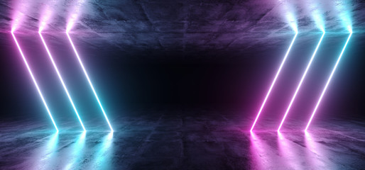 Sci-Fi Futuristic Abstract Gradient Blue Purple Pink Neon Glowing Tubes On Reflection Concrete Floor Dark Interior Room Empty Space Spaceship 3D Rendering