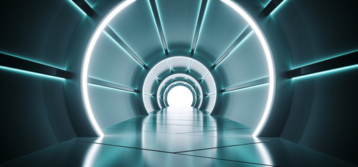 Sci-Fi Futuristic Round Cylinder Shaped Corridor With Led Blue And White Lights Glowing With Reflection Blue Material And White End Spaceship Interior Technology Concept 3D Rendering