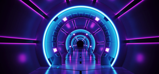 Sci-Fi Futuristic Abstract Gradient Blue Purple Pink Neon Glowing Circle Round Corridor On Reflection Concrete Floor Dark Interior Room Empty Space Spaceship Technology Concept 3D Rendering
