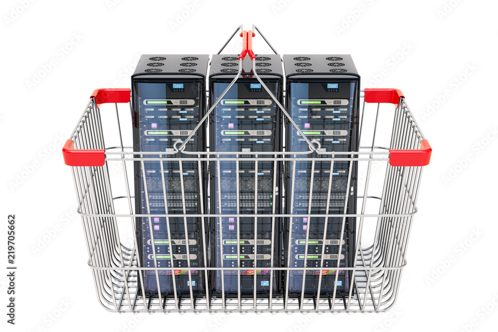 Aufkleber computer server racks inside metallic shopping basket, 3d rendering