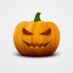 Realistic vector Halloween Pumpkin with scary face. Jack o lantern isolated on transparent background.