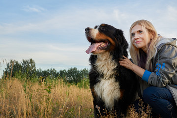 Naklejka na ściany i meble portrait of a big dog and a girl in nature. the hostess with the pet look aside