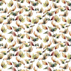 Watercolor autumn seamless big pattern. Hand painted leaves and branch isolated on white background. Botanical illustration for design, background and fabric. Fall print.