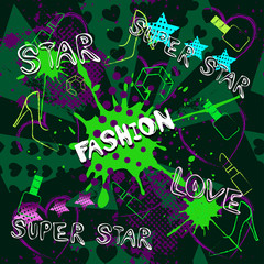 Abstract seamless fashion pattern for girls, boys. Creative sport vector pattern with dots, pomade, shoes, star. Funny sport pattern for textile and fabric. Fashion pattern style. Colorful bright.