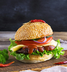 fresh homemade burger with lettuce, cheese, onion and tomato