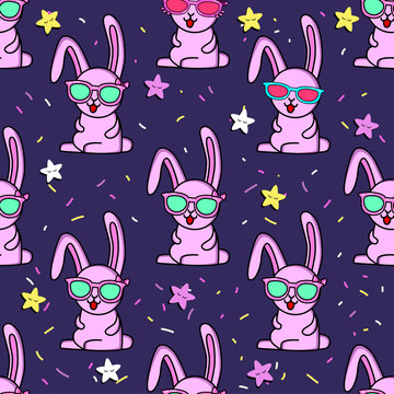 Cute kids rabbit pattern for girls and boys. Colorful rabbit, stars with glasses on the abstract bright background. The rabbit pattern is made in colors. Urban stars pattern for textile and fabric