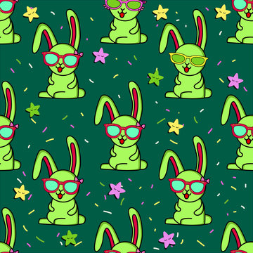 Cute kids rabbit pattern for girls and boys. Colorful rabbit, stars with glasses on the abstract bright background. The rabbit pattern is made in colors. Urban stars pattern for textile and fabric