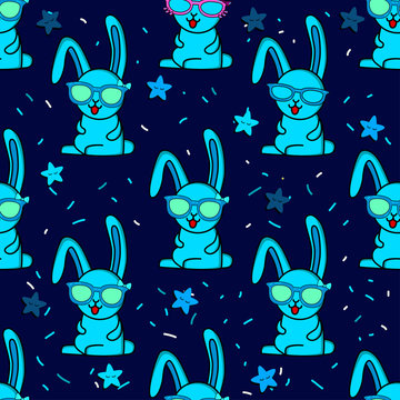Cute kids rabbit pattern for girls and boys. Colorful rabbit, stars with glasses on the abstract bright background. The rabbit pattern is made in colors. Urban stars pattern for textile and fabric