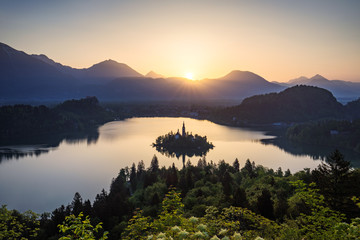 Lake Bled Slovenia. Beautiful mountain Bled lake with small Pilgrimage Church. Most famous Slovenian lake and island Bled with Pilgrimage Church of the Assumption of Maria. Bled, Slovenia.