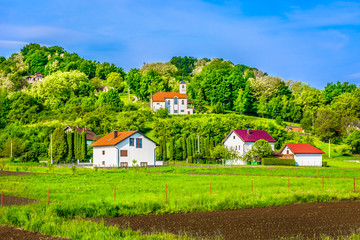 Obraz na płótnie Canvas Zagorje travel places landscape. / Scenic view at picturesque colorful landscape in springtime, Zagorje region hills.