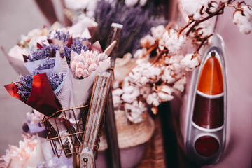 Movable vintage flower shop. Mobile car store on wheels