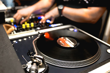 Close up shot vintage vinyl party dj audio equipment.Turntable High quality Sound mixing controller...