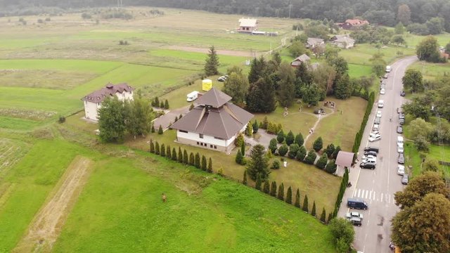 Aerial view of Ivan Franko Museum, Nahuievychi village, Ukraine. Fly around technique