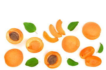 Apricot fruits with leaves isolated on white background with copy space for your text. Top view. Flat lay pattern