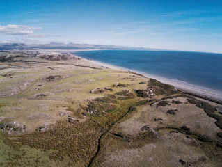 Fototapeta na wymiar Aerial view, Drone panorama over meadow, sheep and sea in Wales
