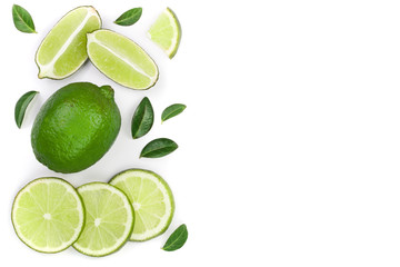 sliced lime vith leaves isolated on white background with copy space for your text. Top view. Flat lay pattern