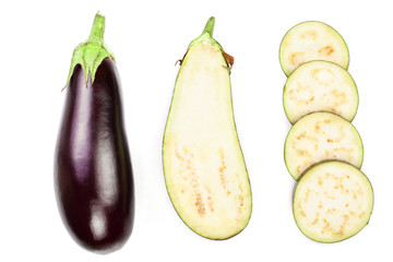 eggplant or aubergine isolated on white background. Top view. Flat lay pattern