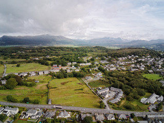 Aerial view, Drone panorama of Penrhyndeudraeth town in Snowdonia mountains in North Wales