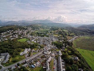 Aerial view, Drone panorama of Penrhyndeudraeth town in Snowdonia mountains in North Wales