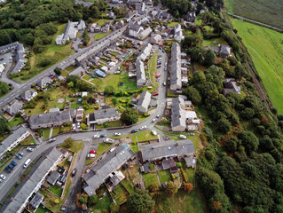 Aerial view, Drone panorama of Penrhyndeudraeth town in Snowdonia mountains in North Wales