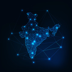 India map glowing silhouette outline made of stars lines dots triangles, low polygonal shapes.