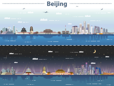 Beijing  skyline at day and night vector illustration