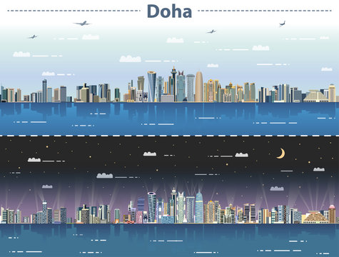 Doha skyline at day and night vector illustration