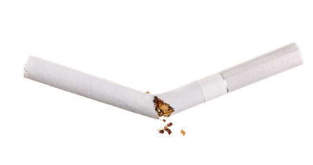 Broken cigarette isolated on white background. Top view
