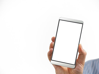 man holding a smartphone in his hand with blank white screen