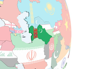 Turkmenistan with flag on globe