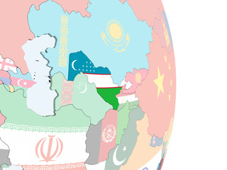 Uzbekistan with flag on globe