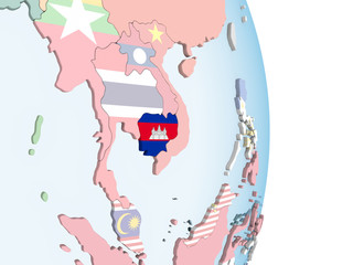 Obraz na płótnie Canvas Cambodia with flag on globe