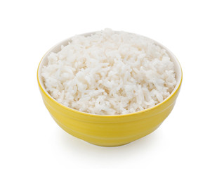 rice in yellow bowl on white background