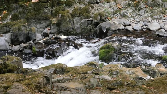 Large rapids surrounded by large rocks with sound