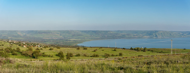 Golan Heights and Sea of Galilee in Israel at foggy spring day.