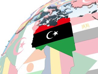 Libya with flag on globe