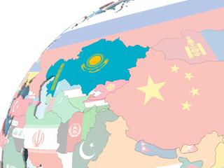 Kazakhstan with flag on globe