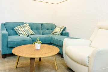 White and green living room interior with sofa, armchair