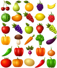 Set of fruits and vegetables isolated on white background