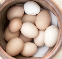 Fresh eggs in an old vase of clay